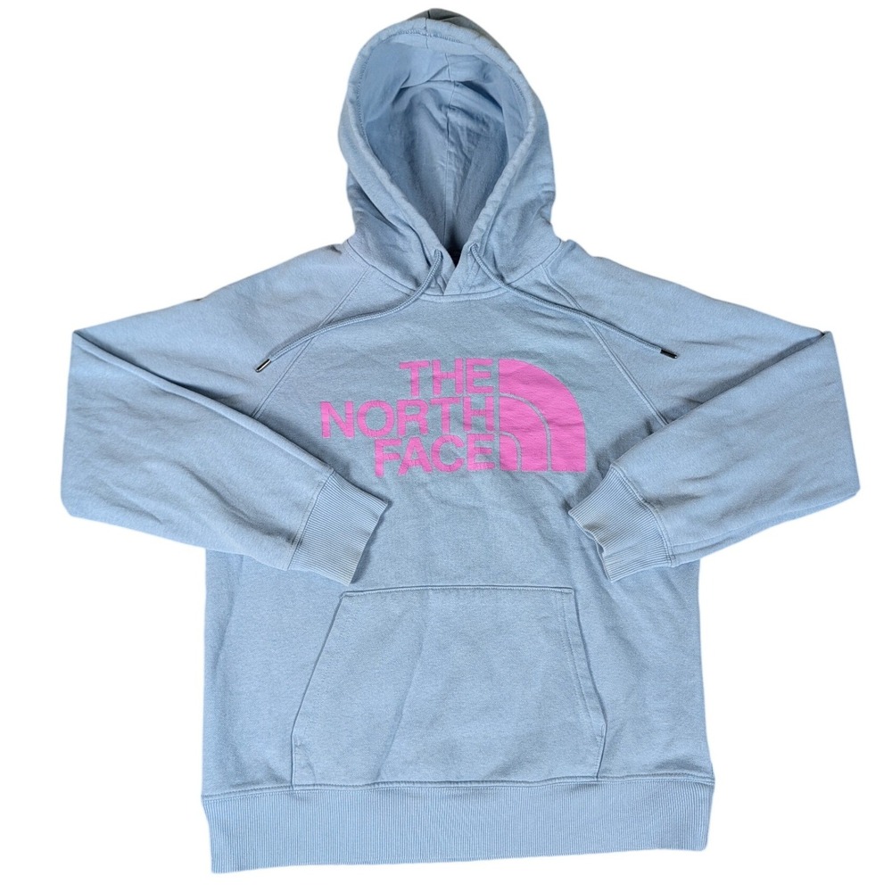 The North Face Womens Half Dome Logo Hoodie Light Blue Pink Pullover Sweatshirt